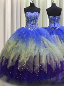 Visible Boning Multi-color Ball Gowns Beading and Ruffles and Sequins Ball Gown Prom Dress Lace Up Tulle Sleeveless Floor Length