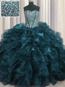 Edgy Visible Boning Bling-bling With Train Lace Up Quinceanera Gown Teal for Military Ball and Sweet 16 and Quinceanera with Beading and Ruffles Brush Train