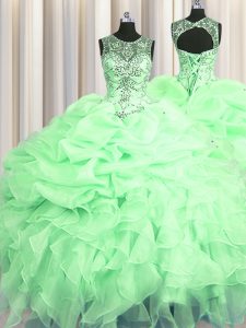 Scoop See Through Apple Green Ball Gowns Beading and Ruffles and Pick Ups Ball Gown Prom Dress Lace Up Organza Sleeveless Floor Length
