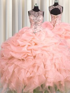 Captivating See Through Pink Ball Gowns Scoop Sleeveless Organza Floor Length Lace Up Beading and Ruffles and Pick Ups Ball Gown Prom Dress