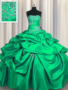 Strapless Sleeveless Quinceanera Dress Floor Length Appliques and Pick Ups Turquoise Taffeta