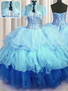 Low Price Visible Boning Bling-bling Organza Sleeveless Floor Length 15 Quinceanera Dress and Beading and Ruffled Layers