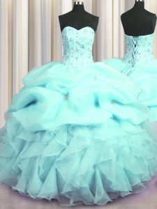 Modern Visible Boning Floor Length Lace Up Sweet 16 Dress Aqua Blue for Military Ball and Sweet 16 and Quinceanera with Beading and Ruffles and Pick Ups