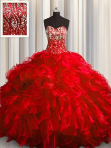 Organza Sweetheart Sleeveless Brush Train Lace Up Beading and Ruffles Quince Ball Gowns in Red