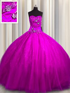Traditional Sleeveless Tulle and Sequined Floor Length Lace Up Quinceanera Gown in Fuchsia with Beading and Appliques