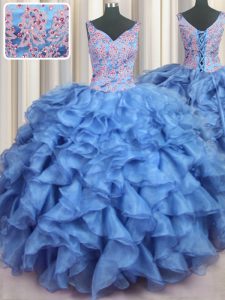 Pretty Ruffled V-neck Sleeveless Lace Up Sweet 16 Quinceanera Dress Baby Blue Organza