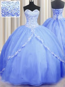 Sleeveless With Train Beading and Appliques Lace Up 15th Birthday Dress with Baby Blue Brush Train