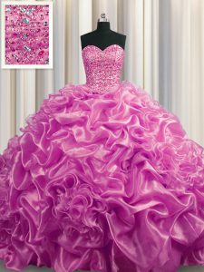 Lilac Organza Lace Up Vestidos de Quinceanera Sleeveless With Train Court Train Beading and Pick Ups