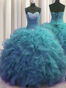 High End Beaded Bust Teal Quinceanera Dress Military Ball and Quinceanera with Beading and Ruffles Sweetheart Sleeveless Lace Up