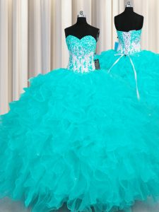 Organza Sweetheart Sleeveless Lace Up Appliques and Ruffles Quince Ball Gowns in Aqua Blue