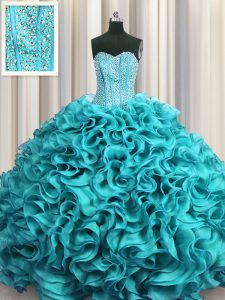 Visible Boning Aqua Blue Organza Lace Up Quinceanera Gown Sleeveless Floor Length Beading and Ruffles