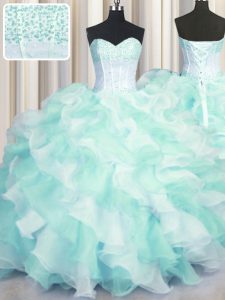Enchanting Two Tone Visible Boning Multi-color Organza Lace Up Sweetheart Sleeveless Floor Length Quinceanera Gowns Beading and Ruffles