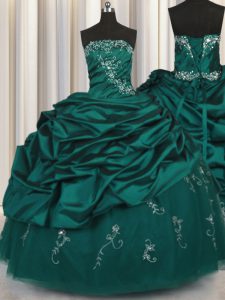 Unique Pick Ups Embroidery Floor Length Ball Gowns Sleeveless Peacock Green Sweet 16 Dresses Lace Up