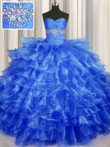 Customized Royal Blue Organza Lace Up Sweetheart Sleeveless Floor Length 15 Quinceanera Dress Beading and Ruffled Layers