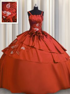 Gorgeous Embroidery Floor Length Rust Red Quinceanera Gown Spaghetti Straps Sleeveless Lace Up