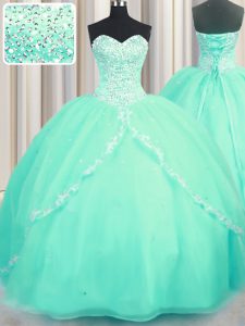 Romantic Turquoise Lace Up Sweet 16 Quinceanera Dress Beading and Appliques Sleeveless With Brush Train