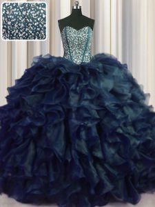 Custom Design Visible Boning Bling-bling Organza Sweetheart Sleeveless Brush Train Lace Up Beading and Ruffles Quince Ball Gowns in Navy Blue