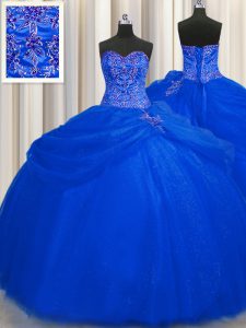 Fashionable Big Puffy Sweetheart Sleeveless Lace Up 15 Quinceanera Dress Royal Blue Tulle