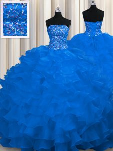 Amazing Strapless Sleeveless 15 Quinceanera Dress Sweep Train Beading and Ruffles Royal Blue Organza