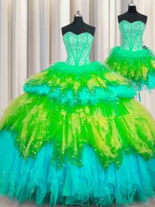 Three Piece Visible Boning Multi-color Lace Up Quinceanera Gowns Beading and Ruffles and Ruffled Layers and Sequins Sleeveless Floor Length