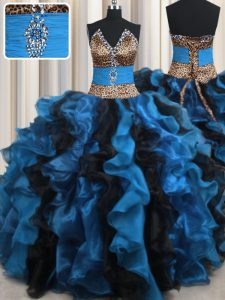 Leopard Two Tone V Neck Blue And Black Sleeveless Beading and Ruffles Floor Length Quinceanera Gowns