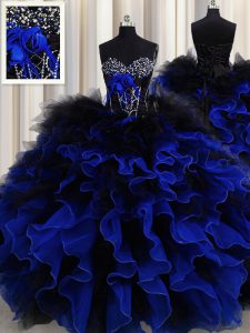 Sleeveless Floor Length Beading and Ruffles Lace Up Quince Ball Gowns with Blue And Black