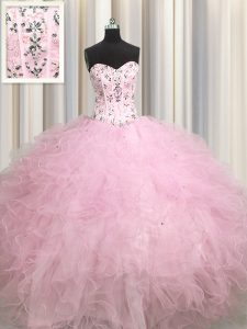 Charming Visible Boning Baby Pink Tulle Lace Up Sweetheart Sleeveless Floor Length Quinceanera Dress Beading and Appliques and Ruffles