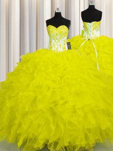 Yellow Ball Gowns Appliques and Ruffles Quinceanera Gowns Lace Up Organza Sleeveless Floor Length