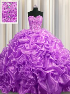Lilac Quinceanera Gown Military Ball and Sweet 16 and Quinceanera with Beading and Pick Ups Sweetheart Sleeveless Court Train Lace Up