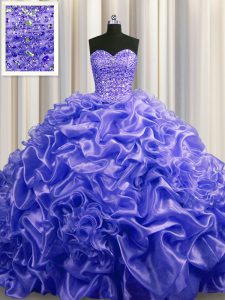 Court Train Purple Ball Gowns Beading and Pick Ups Sweet 16 Quinceanera Dress Lace Up Organza Sleeveless With Train