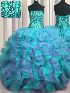 Visible Boning Beaded Bodice Multi-color Sleeveless Floor Length Beading and Ruffles Lace Up Sweet 16 Quinceanera Dress