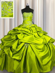 Enchanting Olive Green Lace Up 15th Birthday Dress Beading and Pick Ups Sleeveless Floor Length
