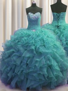 Beaded Bust Turquoise Lace Up Sweet 16 Dress Beading and Ruffles Sleeveless Floor Length