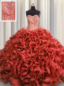 Visible Boning Rust Red Ball Gowns Organza Sweetheart Sleeveless Beading and Ruffles Floor Length Lace Up Sweet 16 Quinceanera Dress