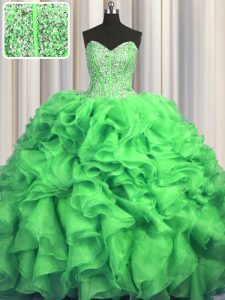 Discount Visible Boning Bling-bling Ball Gowns Organza Sweetheart Sleeveless Beading and Ruffles With Train Lace Up Quinceanera Gown Sweep Train