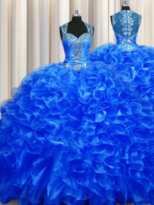 Zipper Up See Through Back Organza Straps Sleeveless Sweep Train Zipper Beading and Ruffles Quinceanera Dress in Royal Blue