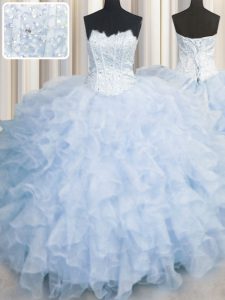 Super Light Blue Ball Gowns Organza Scalloped Sleeveless Ruffles Floor Length Lace Up Quinceanera Dress