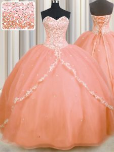 Brush Train Peach Sweetheart Neckline Beading and Appliques Quinceanera Gowns Sleeveless Lace Up