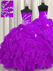 Spectacular Floor Length Purple Sweet 16 Dress Organza Sleeveless Beading and Appliques and Ruffles