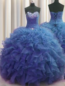 Flirting Beaded Bust Blue Ball Gowns Organza Sweetheart Sleeveless Beading and Ruffles Floor Length Lace Up Quinceanera Dresses