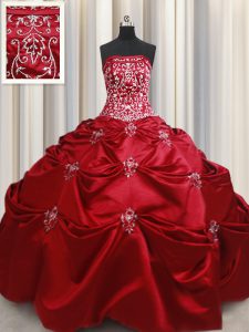 Wine Red Ball Gowns Taffeta Strapless Sleeveless Beading and Appliques and Embroidery Floor Length Lace Up Quinceanera Gowns