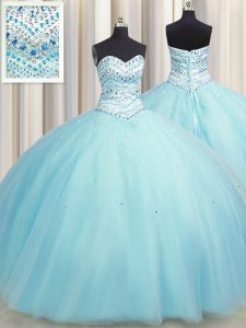 Bling-bling Big Puffy Aqua Blue Sleeveless Tulle Lace Up Quinceanera Dresses for Military Ball and Sweet 16 and Quinceanera
