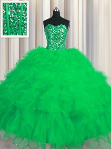Artistic Visible Boning Sweetheart Sleeveless Lace Up 15 Quinceanera Dress Green Tulle
