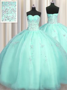 Best Selling Really Puffy Beading and Appliques Quince Ball Gowns Turquoise Zipper Sleeveless Floor Length