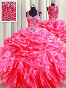 Fine Zipper Up See Through Back Hot Pink Straps Zipper Beading and Ruffles and Pick Ups Sweet 16 Dresses Sleeveless