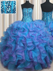 Inexpensive Visible Boning Bling-bling Strapless Sleeveless Quinceanera Dresses Floor Length Beading and Ruffles Multi-color Organza