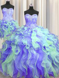Dazzling Three Piece Organza Sweetheart Sleeveless Lace Up Beading and Appliques and Ruffles Quinceanera Dress in Multi-color