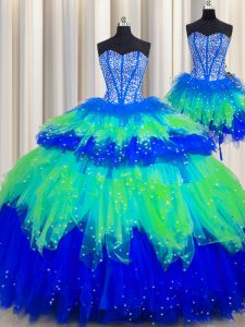 Inexpensive Three Piece Visible Boning Tulle Sweetheart Sleeveless Lace Up Beading and Ruffles and Ruffled Layers and Sequins 15 Quinceanera Dress in Multi-color