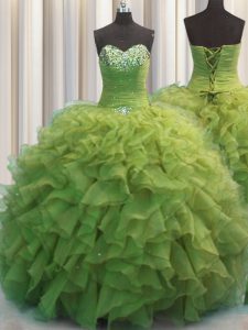 Beaded Bust Olive Green Organza Lace Up Sweetheart Sleeveless Floor Length Quince Ball Gowns Beading and Ruffles