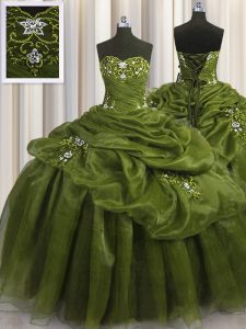 Enchanting Pick Ups Floor Length Olive Green 15th Birthday Dress Sweetheart Sleeveless Lace Up